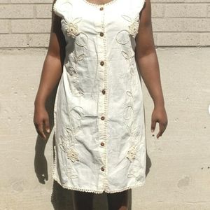 ORGANIC COTTON crotchet Button Front Belted Villager Peasant Maxi Dress measured